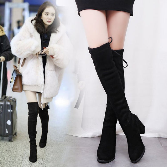 Europe and the United States new boots autumn and winter boots over the knee boots high tube elastic boots thick with pointed high-heeled wild women's boots